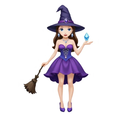 sexy woman brunette, very large breasts, pale skin, blue eyes, long brown hair, short purple strapless dress, witch hat, pearl earrings, smirking, in high heels, standing, head to toe, full body, zoomed out, entire outfit visible sticker