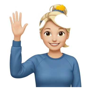 50 year old blonde woman with bun in casual clothes and sweat shirt waving sticker