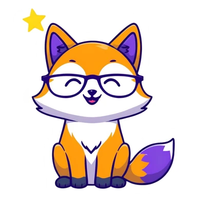 A magical fox with shimmering purple and blue fur, a glowing tail, a silver star on its forehead, and round glasses, laughing so hard that tears are streaming from its eyes sticker