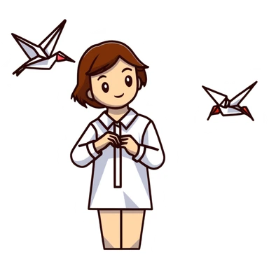 A happy Ukrainian young girl with brown hair in a white embroidered shirt makes an origami of a yellow and blue crane sticker
