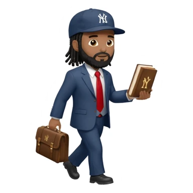 African American man with shoulder length black dreadlocks with black beard wearing a New York Yankees logo baseball cap wearing a suit with red tie walking to the right holding a Holy Bible sticker