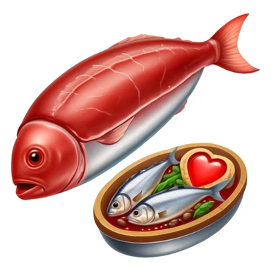 Ethereal red meat, liver, and sardines glowing with magical energy surrounding a bright red blood cell. Mystical light connects the foods to the blood cell and flows toward a heart and muscles, showing heme iron's role in creating vitality and energy throughout the body. sticker