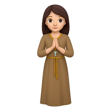 Show the woman standing and praying from the front view, wearing a long tan dress, with dark brown hair, in emoji style. Remove the background. sticker