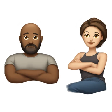Bald brown woman laying in bed next to chubby tall white brunette man with a beard and a man bun  sticker
