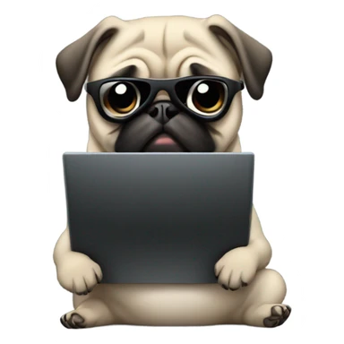 Pug wearing a black hoodie and using a laptop and wearing sunglasses sticker