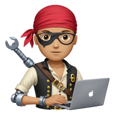 pirate standing with a laptop, robotic arm, bandana and eye patch, digital era pirate sticker