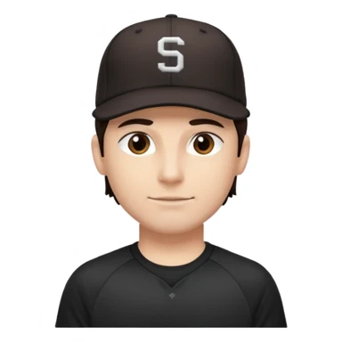 male, dark brown hair, dark brown eyes, fair skin, black baseball hat, dry fit tee sticker