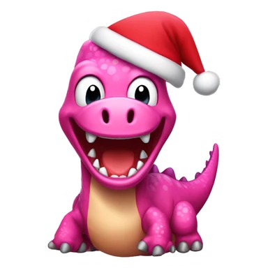 a happy pink dinosaur with a Santa hat sticker