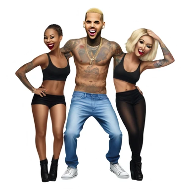 Hyper Realistic Chris Brown   dancing with 3 tattooed female dancers sticker