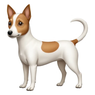 a full body white jack russel looking dog the size of a kelpie with light brown ears and a light brown patch on one eye, flopped down ears and a large snout sticker