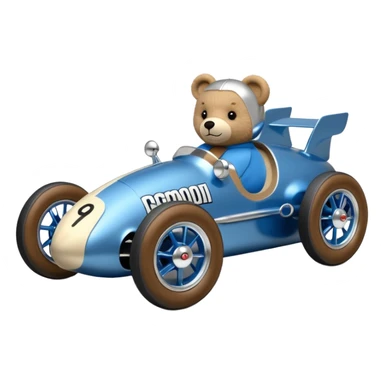  Metallic blue and lightly chrome-accented Antique-looking  kid-sized race car for teddy bear with custom aero body and rear wing  sticker