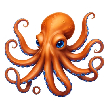 Cinematic Realistic Noble Octopus Portrait Emoji, Poised and majestic, with a sinuous, flowing body in vivid orange accented by intricately detailed blue rings, and intelligent, penetrating eyes that reflect ancient ocean lore; rendered with lifelike texture and natural iridescence, high shine, intelligent and formidable, styled with an aura of mystical marine power, focused and attentive, soft glowing outline, capturing the essence of a watchful and confident octopus that appears ready to glide out of the screen with timeless authority! sticker