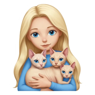 blonde girl with long hair and blue eyes cuddling a sphynx cat, emoji style sticker