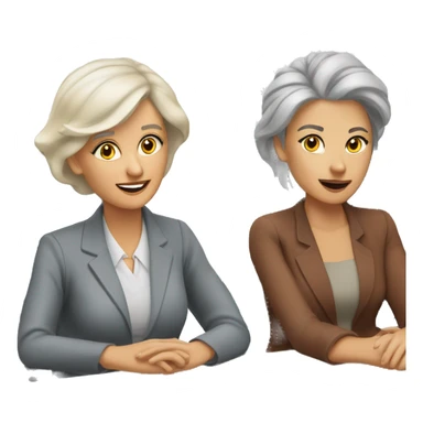 an older woman grey hair and a younger woman blonde hair sitting talking job interview semi casual sticker