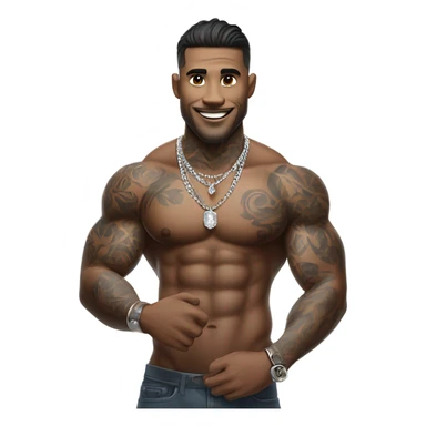 muscular male with tattoos that is wearing a diamond coated white gold necklace, waving hello sticker