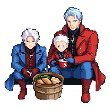 Dante and Vergil from Devil May Cry sitting together in a KFC family bucket, Dante in red coat, Vergil in blue coat, both with white hair sticker