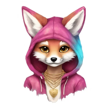 Pink magenta burgundy maroon cyan beige gray fox wearing a pink hoodie with gold jewellery gold piercings gold ear piercing gold nose piercing vintage watercolour tie dye black raven wings sticker