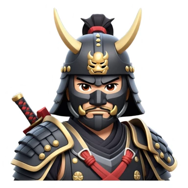 clash-of-clans-aesthetic_-cinematic-fearsome-and-majestic-samurai-bust-portrait-emoji, rendered in a flat, vector-style with minimal shading and bold, simplified shapes typical of emoji art, depicting a battle-hardened samurai with black mask and traditional black Japanese armor. The samurai is riding a noble grey warhorse adorned with an intricately designed saddle and fluttering banners and a rising sun. a samurai on a   horse sticker