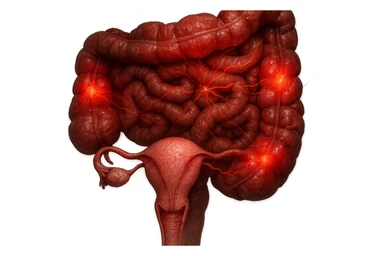 utero umano anatomico iperrealistico e intestino umano anatomico iperrealistico hanno in comune il dolore e l'infiammazione, rendi bene il collegamento tra i due organi doloranti, falla iperrealistica, non disegnata sticker