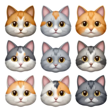 6 realistic looking cats with different natural coloured coats, assorted grey and white, greys, calico colours etc
 sticker
