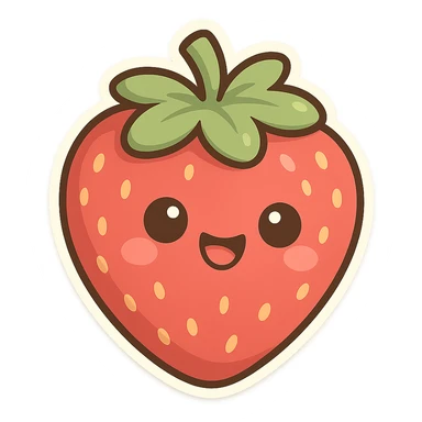 chibi sticker-style strawberry with a smiling face, cute and exaggerated sticker