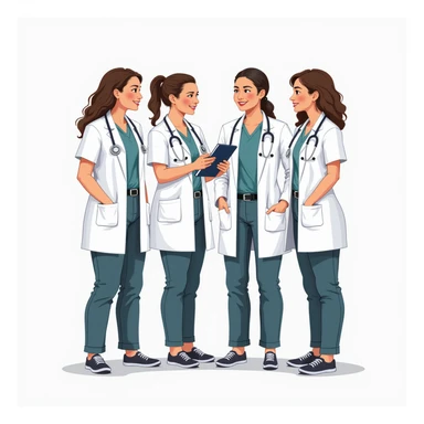 four nursing students working together during a practical session with patients, wearing short-sleeved white coats, no stethoscope, collaborative atmosphere, realistic illustration style, simple background sticker