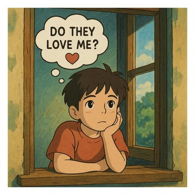 ghibli style illustration of a boy gazing out a window, dreamy expression, thought bubble with 'do they love me?' and a heart sticker