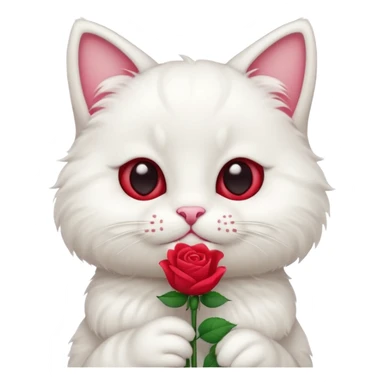 Cute emoji-style white cat holding a red rose in its mouth, big round eyes, fluffy fur, clean mascot style, centered, transparent background, 1:1 ratio. sticker