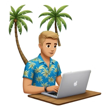 A digital nomad in bali working on a laptop wearing a tropical blue shirt with a palm tree on the side sticker