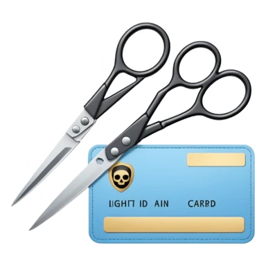 Floating black Scissors cutting a light blue idf ID card in 2 parts .hyper realistic sticker