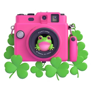 A pink camera with a frog on the screen and clovers around, 3D iOS style, vibrant pink camera with green frog and clovers, variation 3 sticker