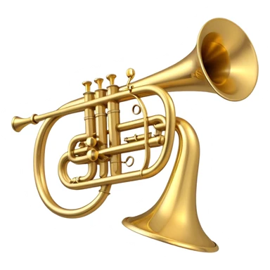 Create a sleek and polished emoji representing the Brahner trumpet. The design should feature the shiny brass body of the trumpet, with its distinct bell shape and coiled tubing. Highlight the three smooth, finger-operated valves, and the mouthpiece at the top of the instrument. The finish of the trumpet should be a rich, golden brass tone with subtle reflections, giving it a polished and professional appearance. Add musical notes or soundwaves around the bell of the trumpet to evoke its bold and brassy sound. Use golden, brass, and silver tones to emphasize the vibrant, high-quality design of the trumpet. The background should be transparent. sticker