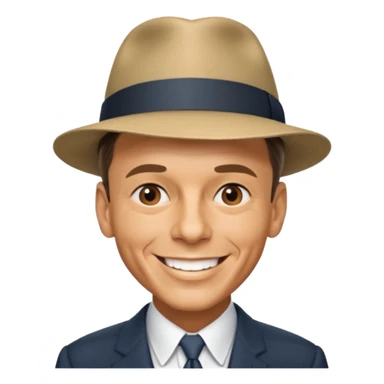 Frank Sinatra with the hat on, smiling and showing data analytics on a screen in the background sticker