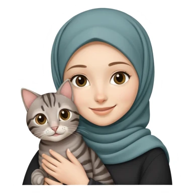 White girl wearing hijab smiling while holding a black grey tabby cat sticker