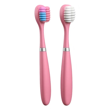Edit the toothbrush image to have a pink handle while keeping the design clean and modern with a slim, slightly curved handle and compact head. The bristles should remain soft, evenly spaced, and clearly visible. Maintain the Apple-style 3D rendering, soft lighting, subtle shadows, and transparent background. No anthropomorphic features. sticker