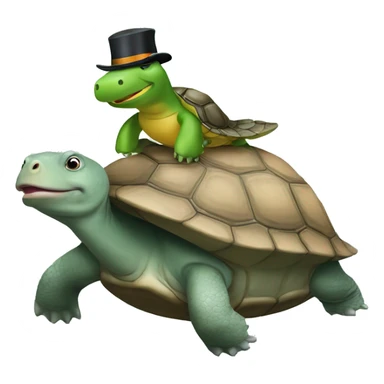 À turtle riding a hippo with a hat behind a peinguin sticker