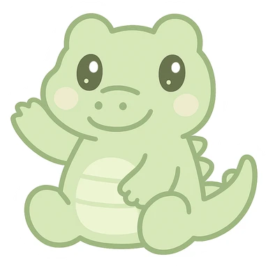 kawaii style crocodile, sitting, waving, soft green, sparkly eyes sticker