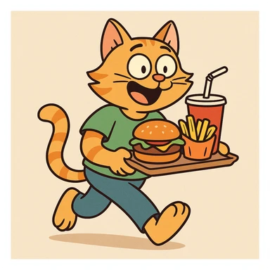 cat carrying food, colorful and cheerful cartoon style, vibrant and lively sticker