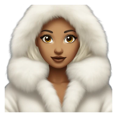 Tanned Girl with lashes , platinum blonde hair, in an extremely big fluffy oversized white fur coat with hood on. The fur is real and it’s very obvious big and fluffy like in Pinterest  sticker