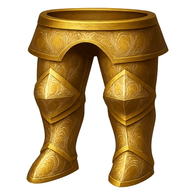 Recolor these platelegs to a plated gold color with ornate engravings inlaid with silver. The gold should be rich and metallic, and the engravings should have a bright, reflective silver finish. Keep the exact shape and proportions of the original platelegs. Transparent background. The original style is armor illustration. sticker