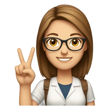 White girl brownish hair wearing glasses holding up a peace sign sticker