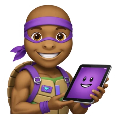 Donatello from Teenage Mutant Ninja Turtles, emoji style, holding a tablet with a hacking screen and smiling, with a purple hacking interface on the screen sticker