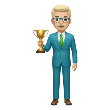 Full Body white heavy set male  wearing glasses with a goatee with light blonde gray very short hair basketball head Coach in blue and green suit holding trophy sticker