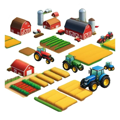 colorful rural landscape, inspired by farming simulators like Farming Simulator 22. The design shows fields, tractors, and barns, with vibrant crops and animals in the background. The peaceful farming scene symbolizes the immersive experience of managing a farm, with a transparent background sticker
