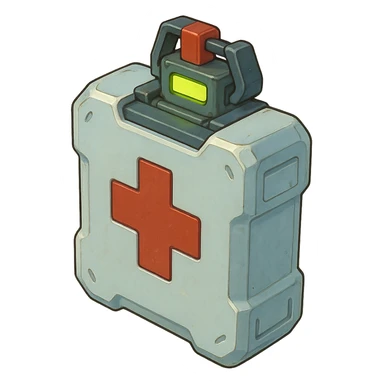 the image is the icon for a videogame insta-use item, it is a medpack- fututistic cyberpunk- resembles a canister with deadswitch, medical military clean plastic, opaque container sticker