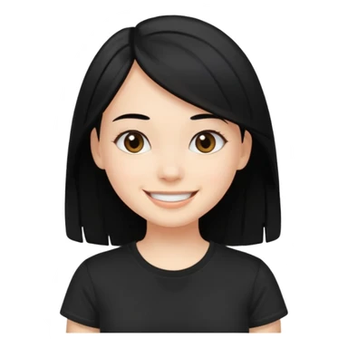 a pretty bratz fair girl with straight black hair, wearing a black tshirt, smiling sticker