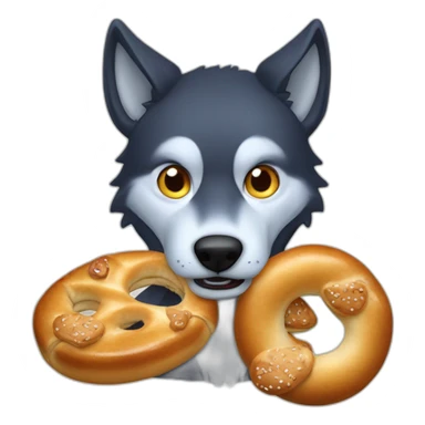 dark wolf with blue eyes eats a bretzel sticker