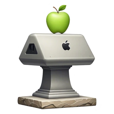 An Apple 2 computer sitting on a stone pedestal with a spotlight on it sticker