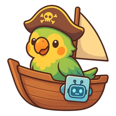 shippit-parrot style parrot in a boat, featuring a clear AI/copilot icon robotic or digital as part of the ship, vibrant animated style sticker