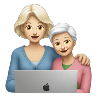 White woman holding old woman’s hand gazing into laptop sticker